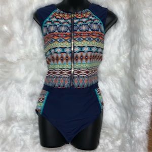 Navy & turquoise Aztec print  High-Neck One-Piece Sz 12
